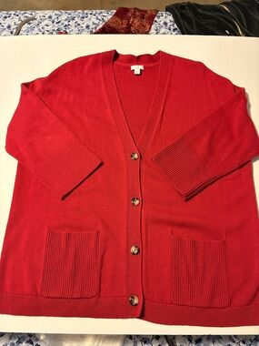 J. Jill Red V-Neck Button Cardigan